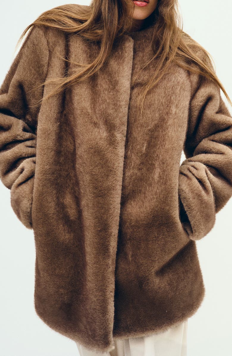 Reformation Devin Faux Fur Coat, Alternate, color, Taupe