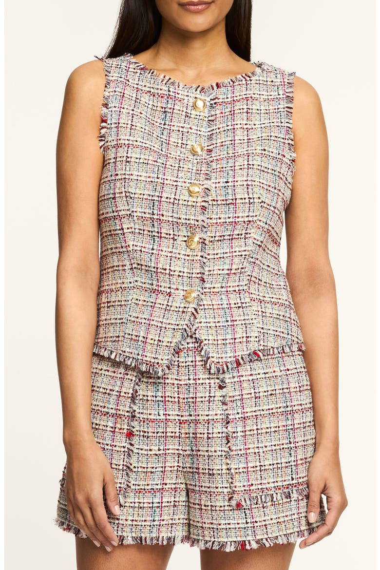 Camen Wildflower Fringe Trim Tweed Vest, Main, color, IVORY MULTI