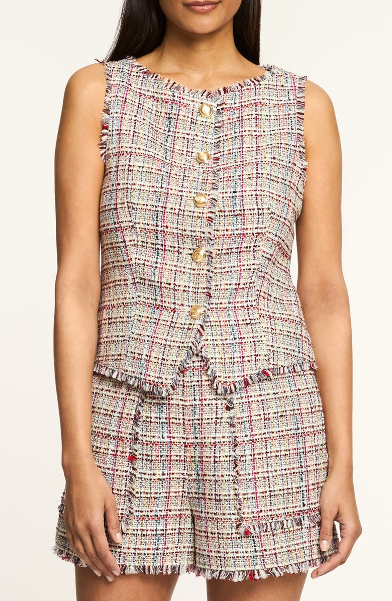Cinq à Sept Camen Wildflower Fringe Trim Tweed Vest, Main, color, Ivory Multi