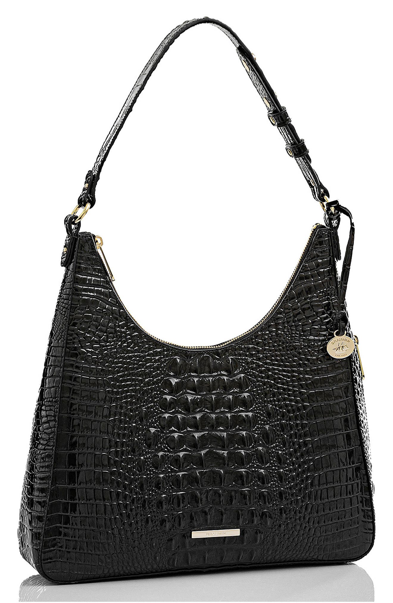 Brahmin Tabitha Croc Embossed Leather Shoulder Bag, Alternate, color, Black Melbourne