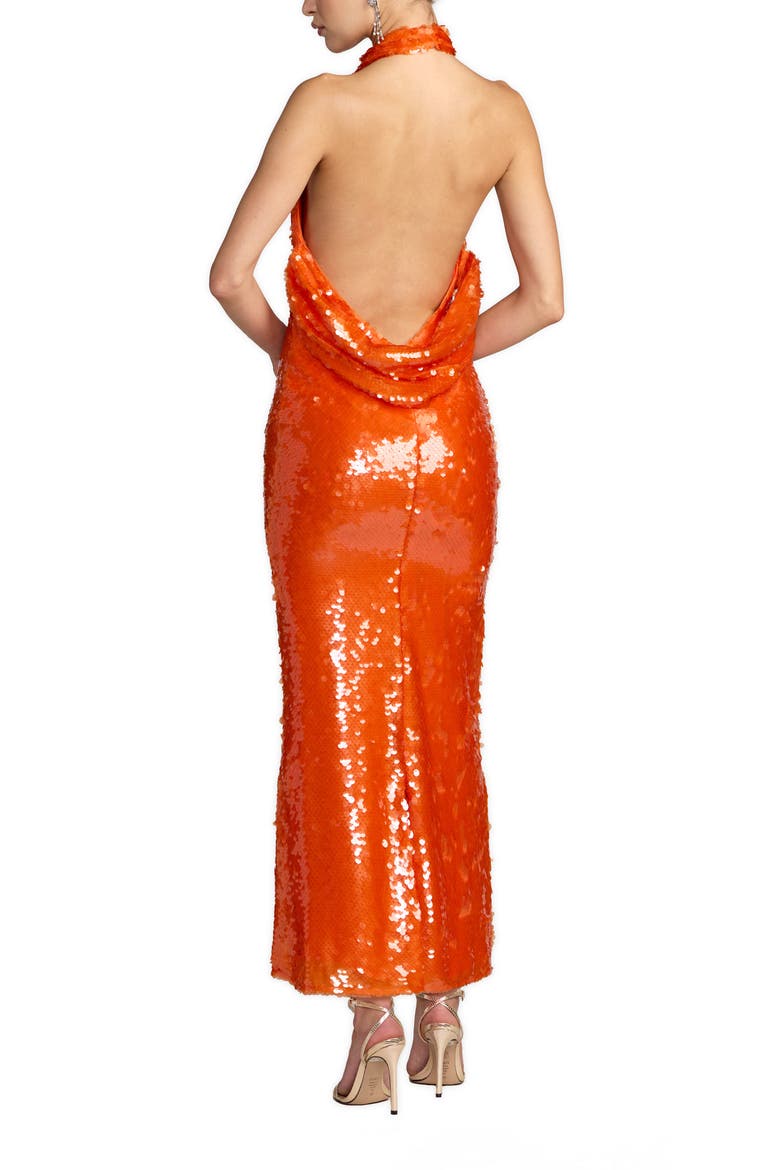Sleeveless Sequin Halter Cowl Back Ankle Dress, Alternate, color, Tangerine