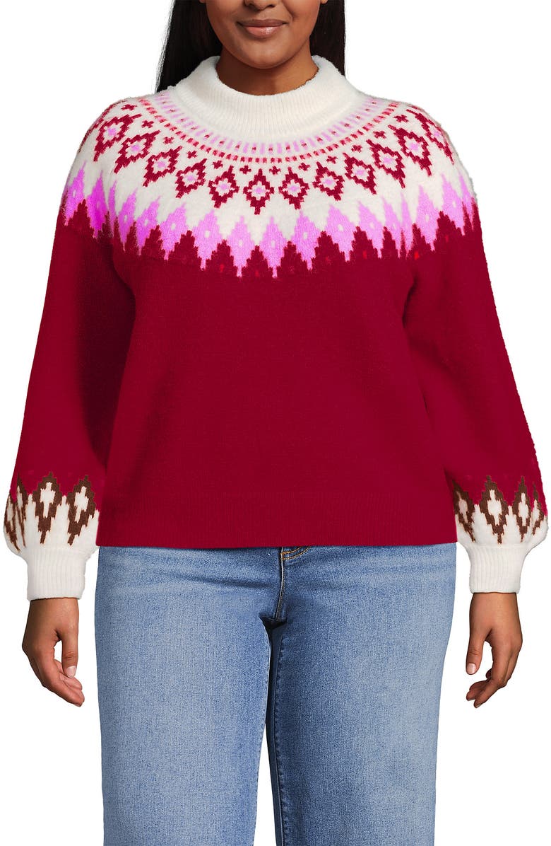 Lands' End Fuzzy Turtleneck Lantern Sleeve Jacquard Sweater, Main, color, Rich Red Fairisle