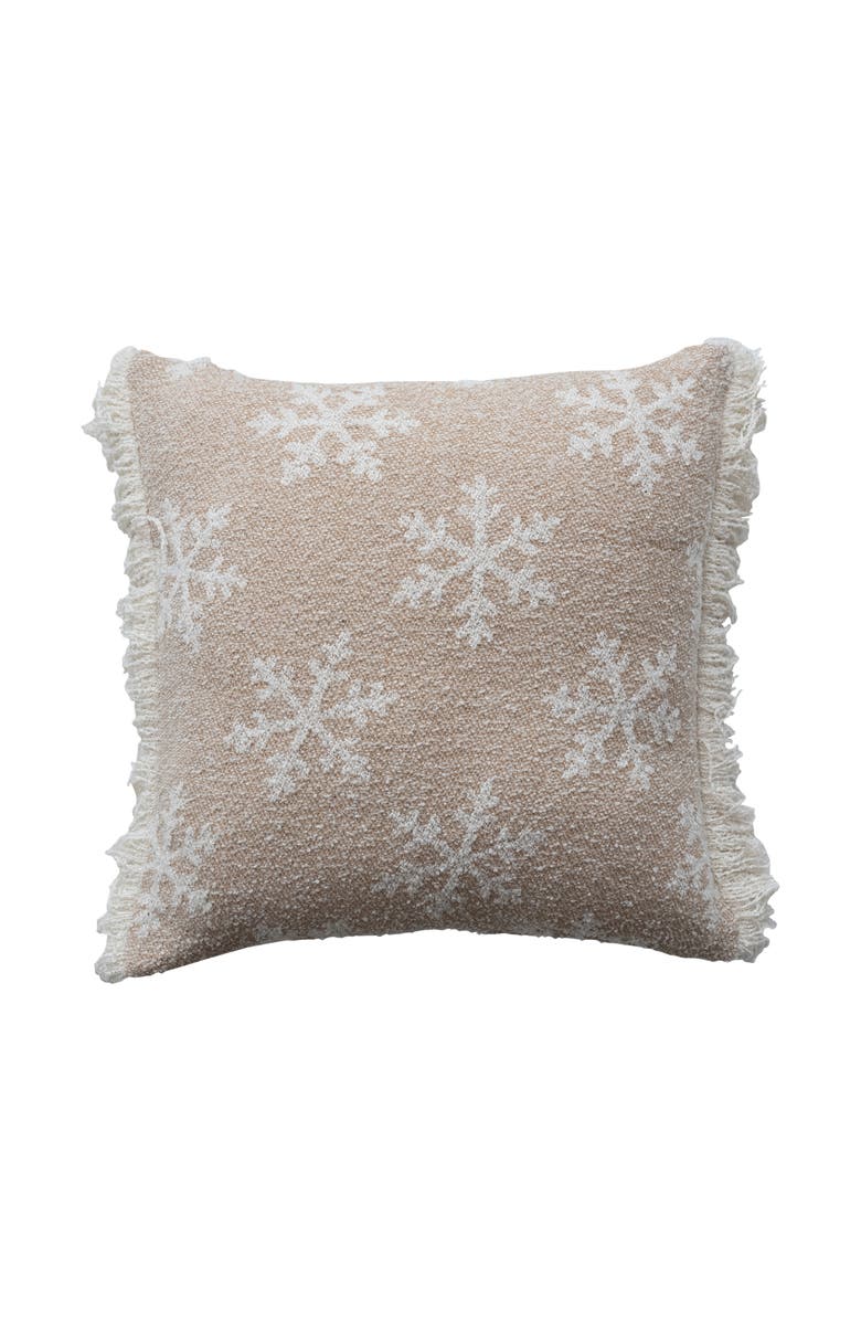Storied Home Square Woven Fabric Jacquard Two-Sided Pillow with Snowflake Pattern and Fringe, Beige and Natural, Main, color, Beige