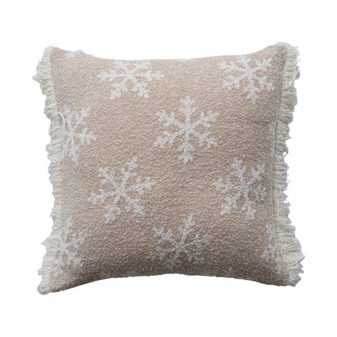 Square Woven Fabric Jacquard Two-Sided Pillow with Snowflake Pattern and Fringe, Beige and Natural