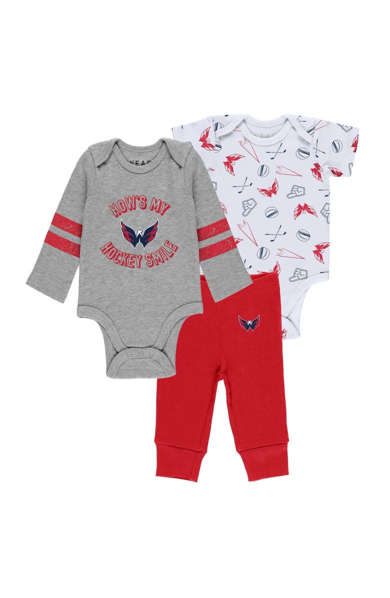 WEAR by Erin Andrews Newborn & Infant WEAR by Erin Andrews Gray/White/Red Washington Capitals Three-Piece Turn Me Around Bodysuit & Pants Set, Main, color,
