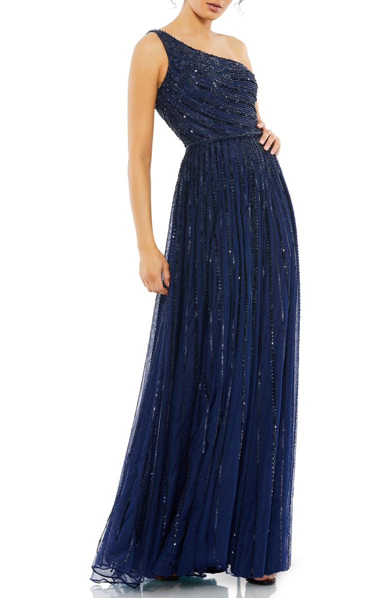 Mac Duggal Embellished One Shoulder A-Line Gown, Main, color, Midnight