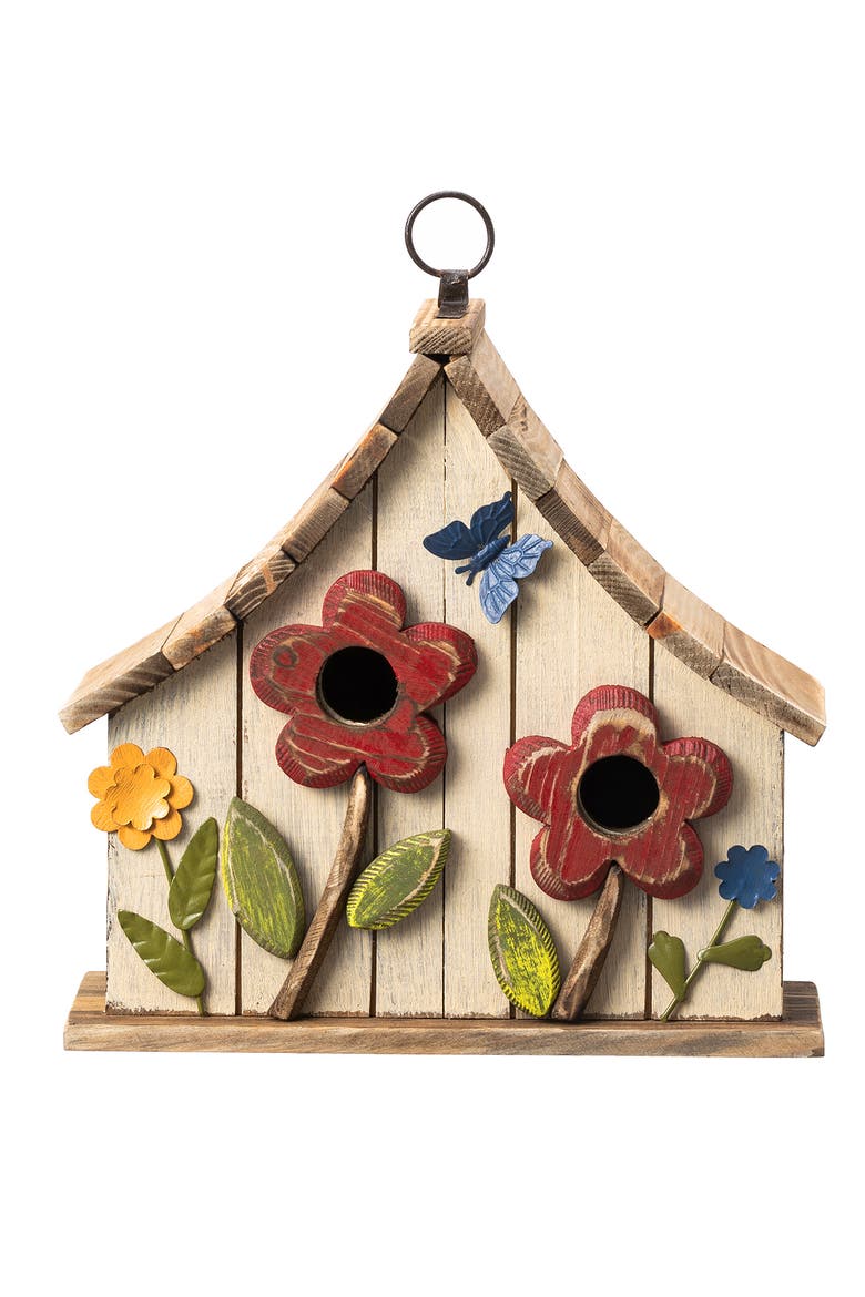 Distressed Solid Wood Birdhouse with 3D Flowers, Alternate, color, White
