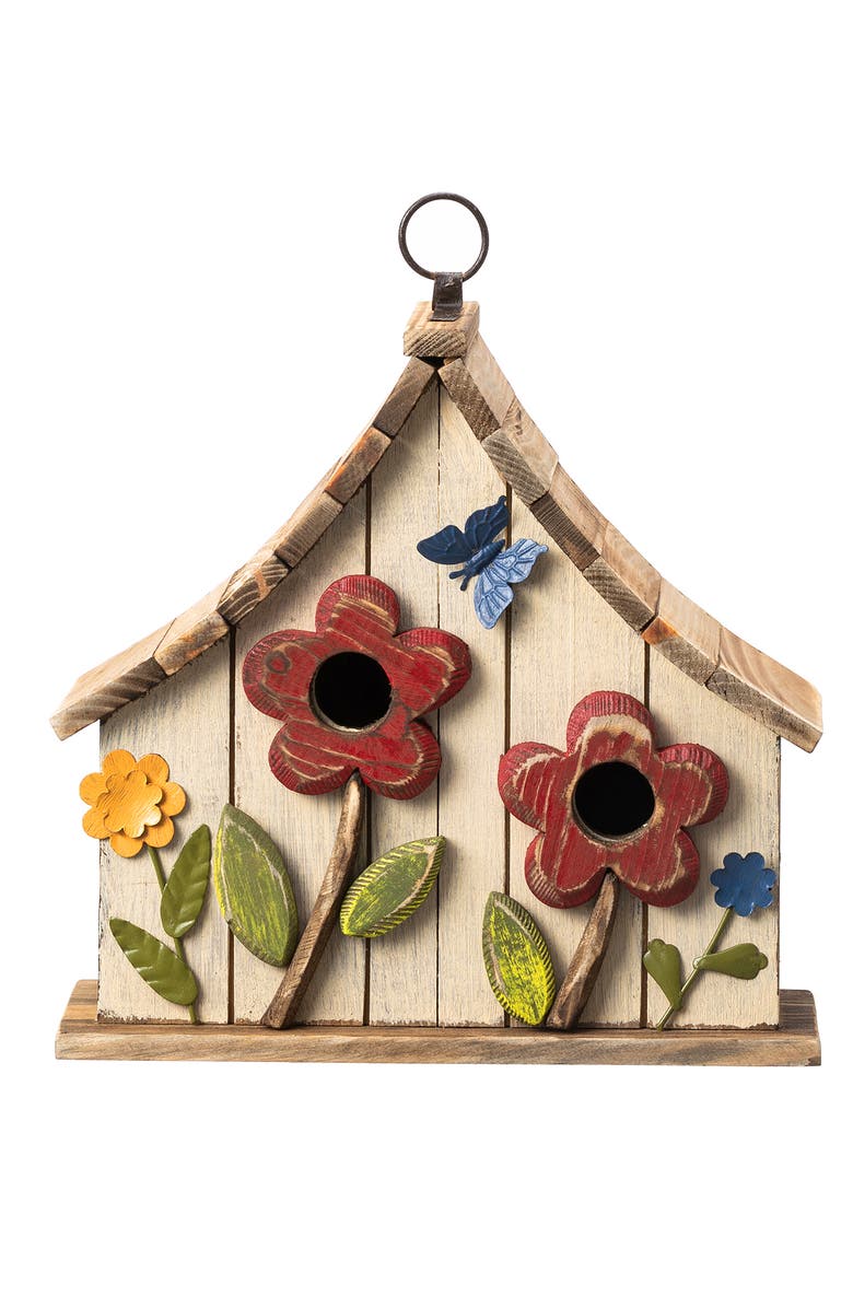 Glitzhome Distressed Solid Wood Birdhouse with 3D Flowers, Alternate, color, White