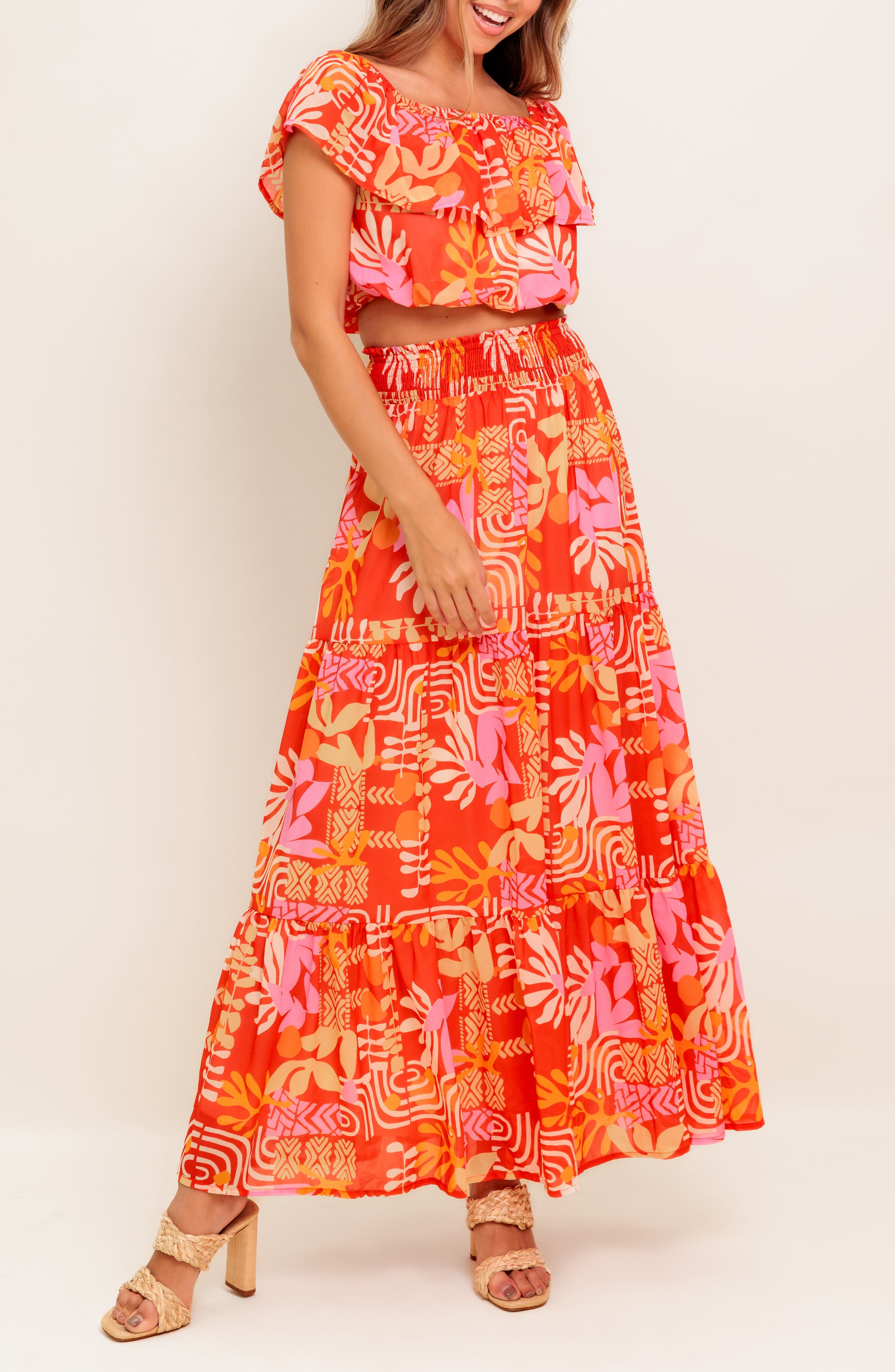 FLYING TOMATO Flutter Sleeve Crop Top & Maxi Skirt Set