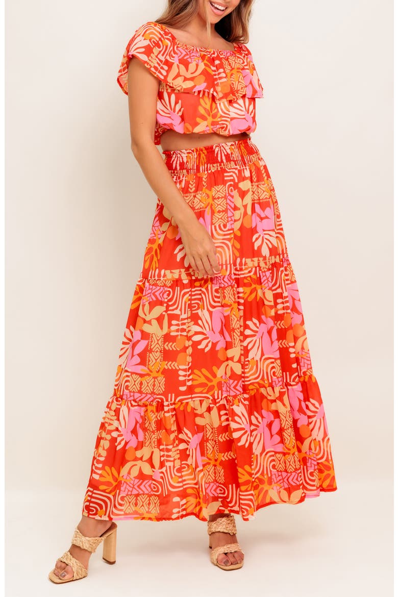 Flutter Sleeve Crop Top & Maxi Skirt Set, Main, color, RED