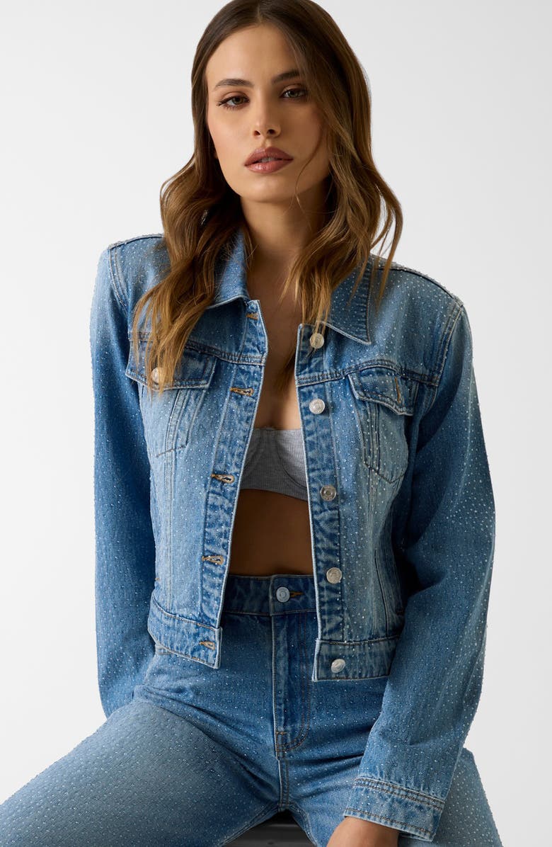 GUESS Lola Crop Denim Trucker Jacket, Alternate, color, Blue