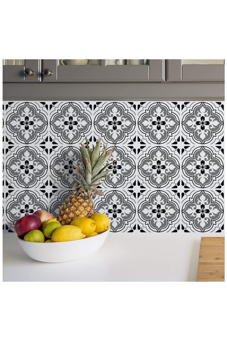 Seamless Antique Floral 72-Piece Tile Sticker Set, Alternate, color, BLACK/ GREY