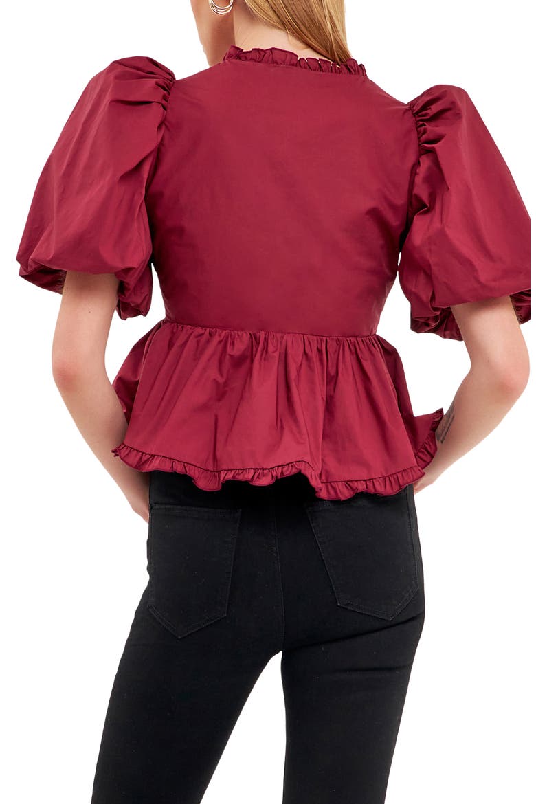 Ruffle Trim Puff Sleeve Peplum Cotton Top, Alternate, color, BURGUNDY