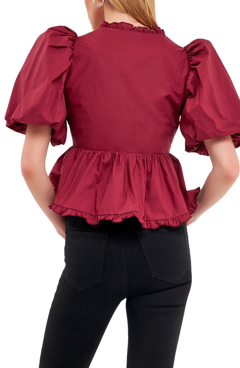 Endless Rose Ruffle Trim Puff Sleeve Peplum Cotton Top, Alternate, color, Burgundy