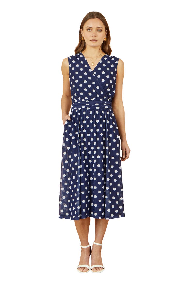 Polka Dot Mesh Wrap Skater Dress, Main, color, Navy