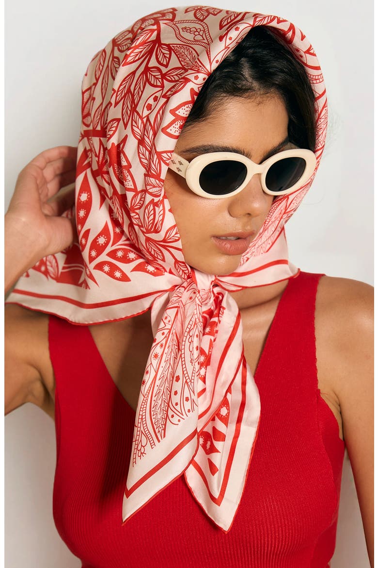 Double Sided Silk Scarf Of Scarlet Tree of Life, Alternate, color, Red