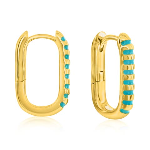 Turquoise Striped Gold-Tone Hoop Earrings