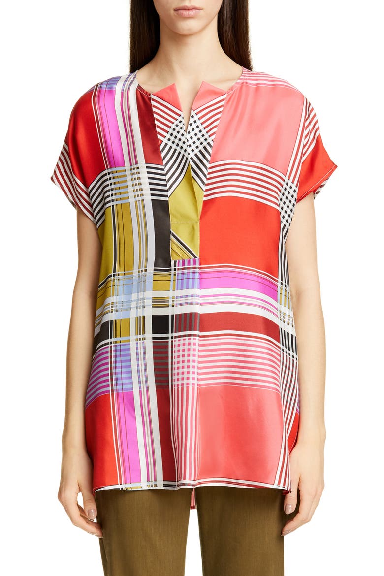Madras Plaid Silk Twill Blouse, Main, color, MAGENTA MULTI