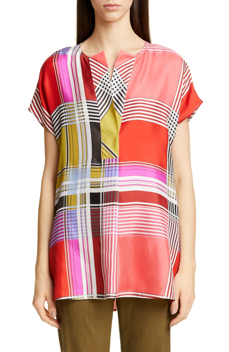 St. John Collection Madras Plaid Silk Twill Blouse, Main, color,