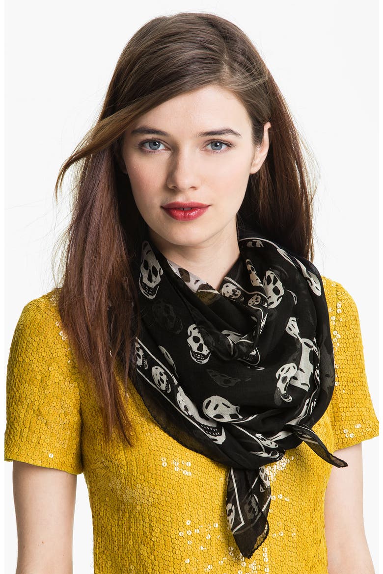 Alexander McQueen 'Skull' Chiffon Scarf, Main, color, BLACK