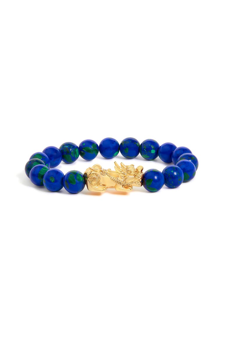 18K Yellow Gold Azurite Beaded Dragon Charm Bracelet, Main, color, Yellow Gold