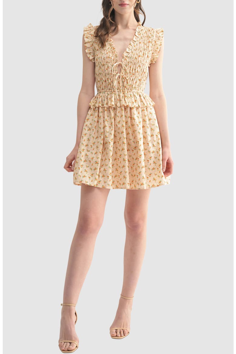 Floral Smocked Cotton Fit & Flare Minidress, Main, color, CREAM ORANGE
