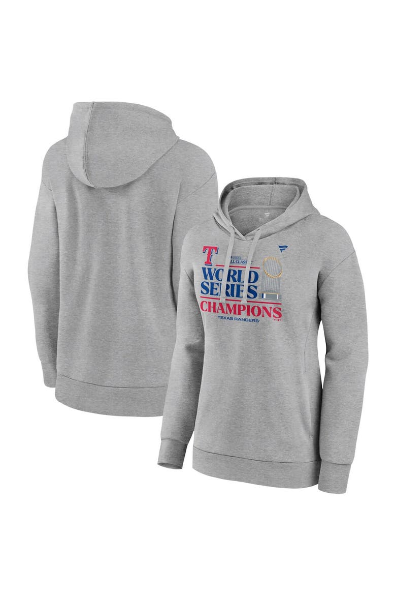 Women's Fanatics Branded Heather Gray Texas Rangers 2023 World Series Champions Locker Room Pullover Hoodie, Main, color, Heather Gray