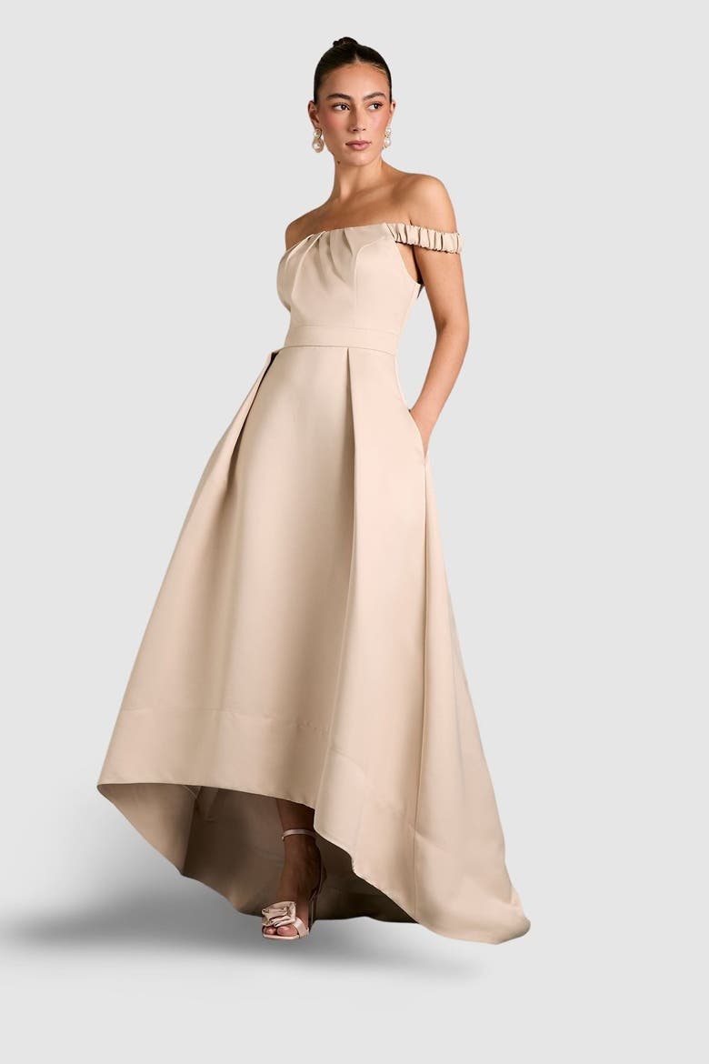 Bardot Fit & Flare Hi-Low Maxi Dress, Main, color, Champagne
