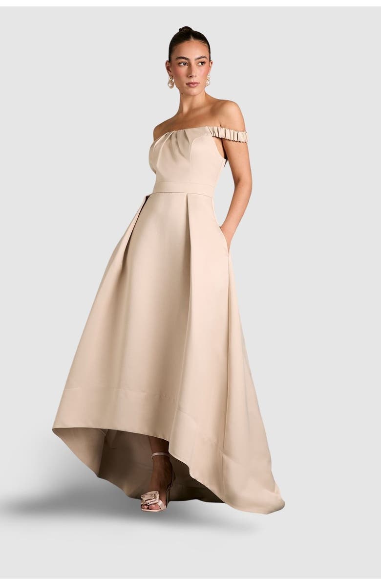 Coast Bardot Fit & Flare Hi-Low Maxi Dress, Main, color, Champagne