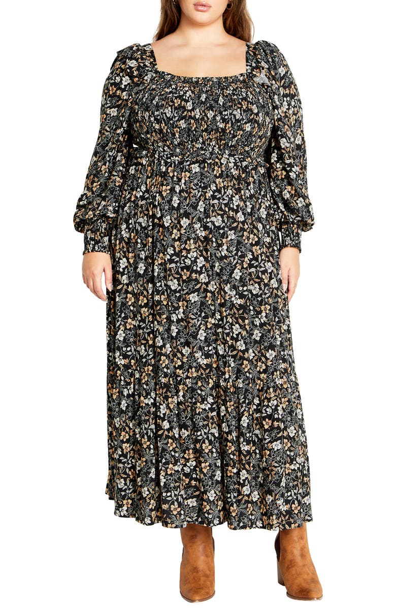 City Chic Emilie Smocked Bodice Long Sleeve Maxi Dress, Main, color, 