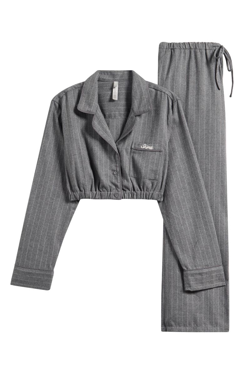 SKIMS Elevated Flannel Crop Pajamas, Alternate, color, Heather Grey Stripe