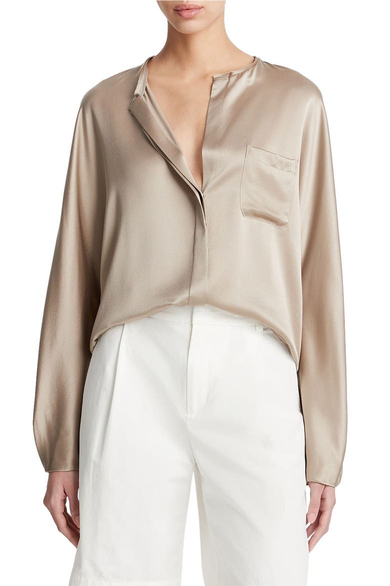 Silk Button-Up Shirt, Main, color, PALE NUT