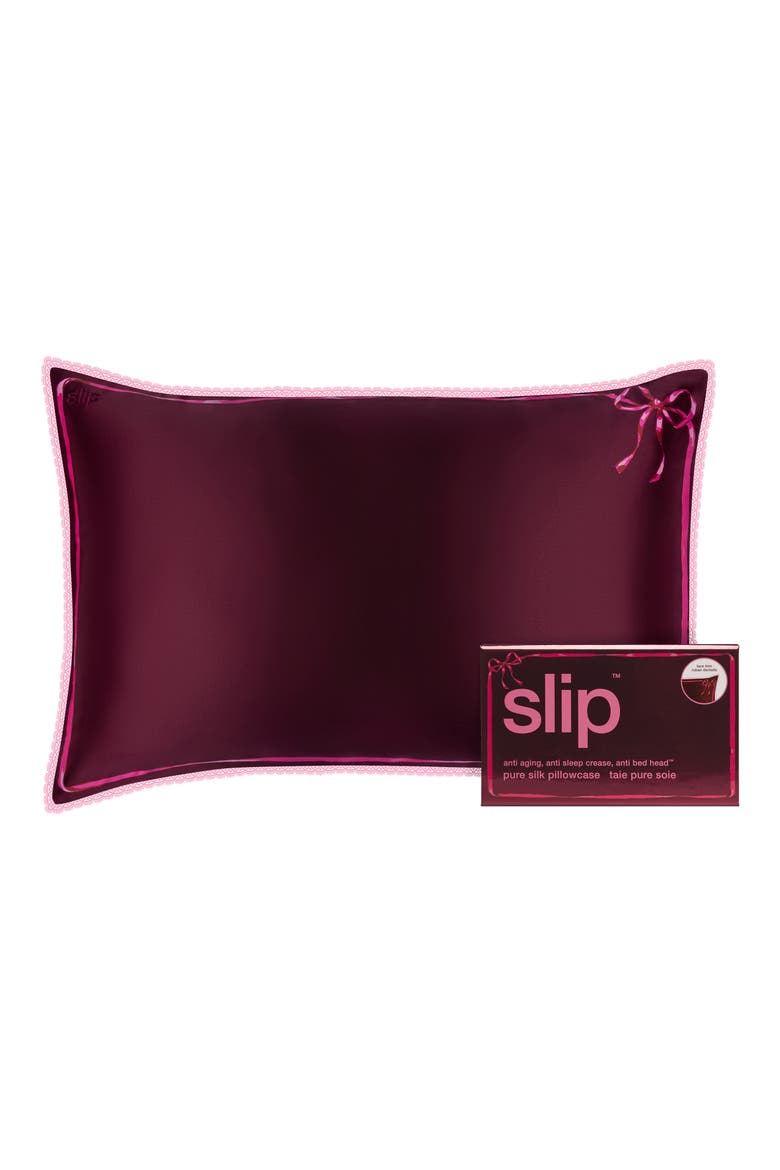 Lace Pure Silk Queen Pillowcase, Main, color, CRIMSON KISS