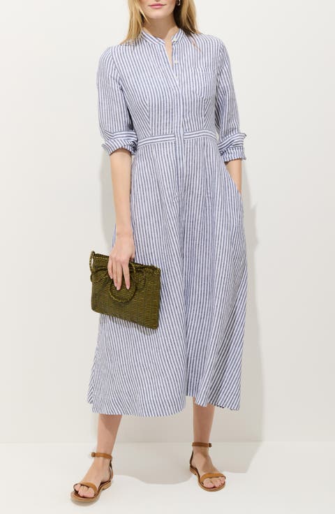 Isabella Long Sleeve Stripe Linen Shirtdress