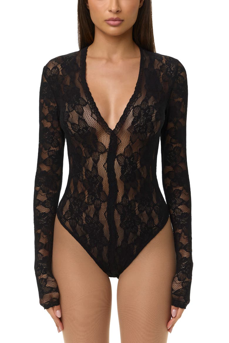 Lace Deep V-Neck Bodysuit, Main, color, BLACK