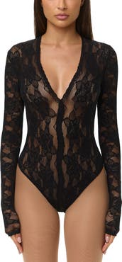 Naked Wardrobe Lace Deep V-Neck Bodysuit