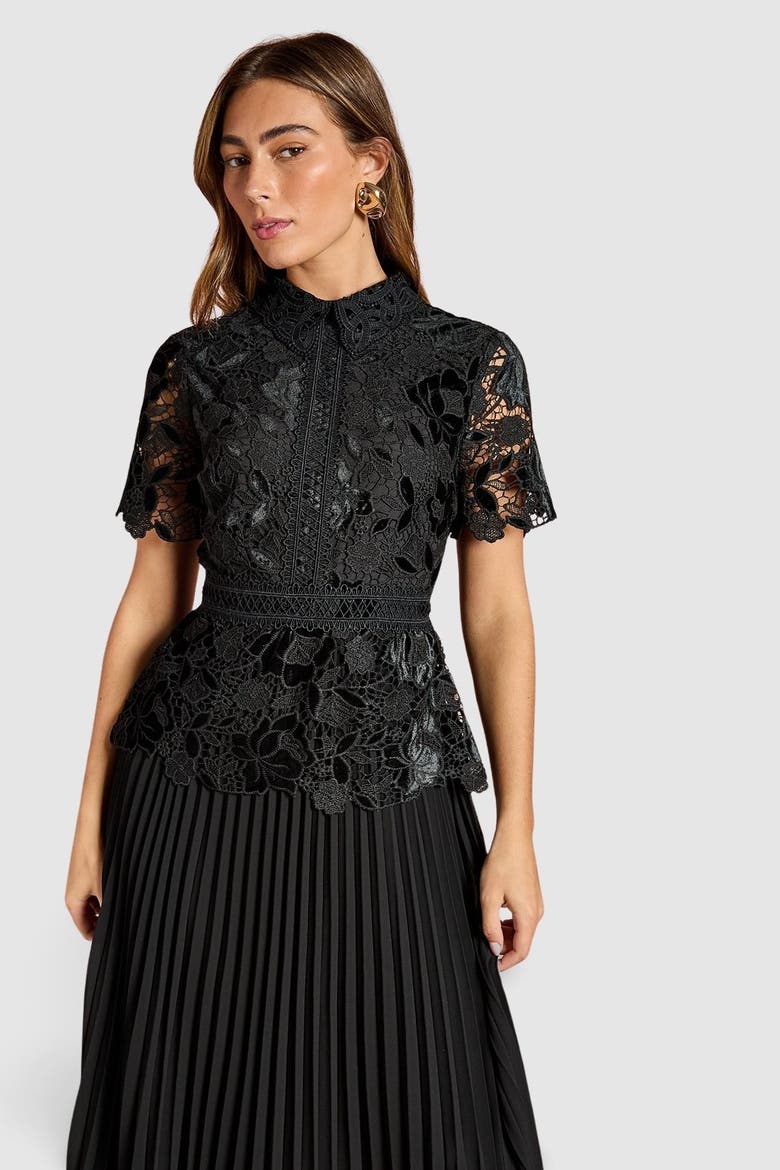 Velvet Lace Collared Midi Dress, Alternate, color, Black