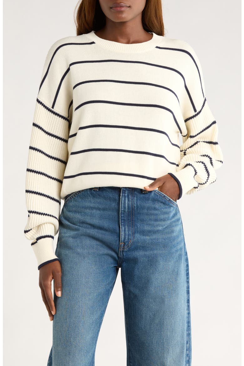 Rib Drop-Shoulder Crewneck Sweater, Main, color, NAVY STRIPE COMBO