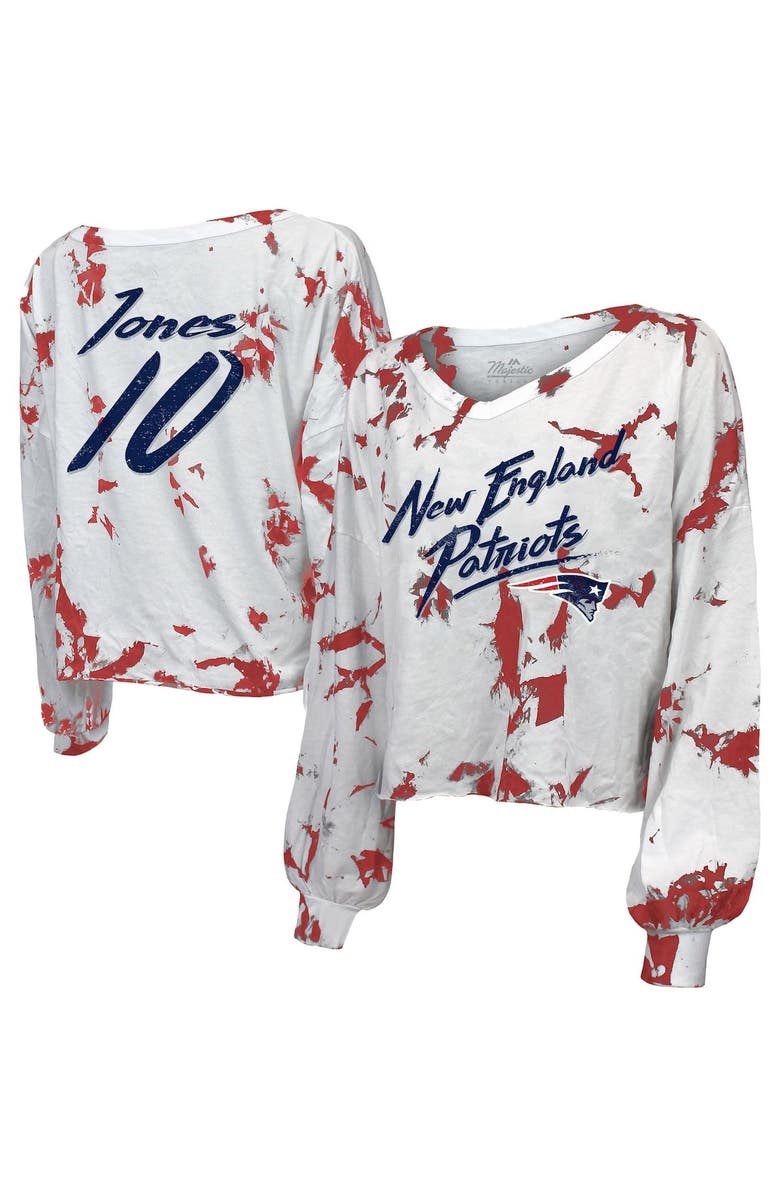 Majestic Threads Women's Majestic Threads Mac Jones White New England Patriots Off-Shoulder Tie-Dye Name & Number Cropped Long Sleeve V-Neck T-Shirt, Main, color, 