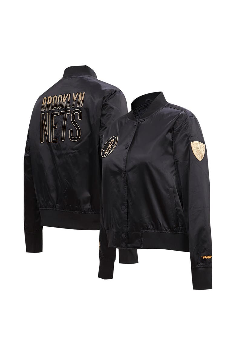 Women's Pro Standard Black Brooklyn Nets Glam Satin Full-Snap Varsity Jacket, Alternate, color, Black