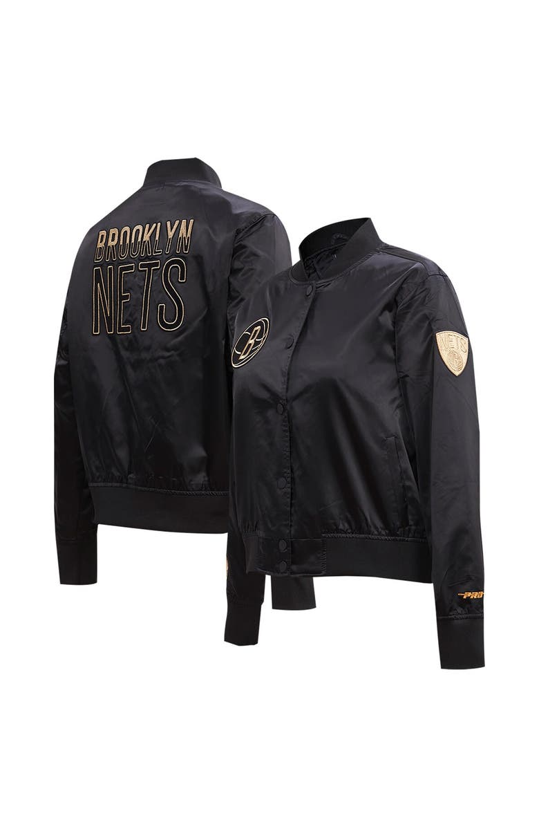 PRO STANDARD Women's Pro Standard Black Brooklyn Nets Glam Satin Full-Snap Varsity Jacket, Alternate, color, Black