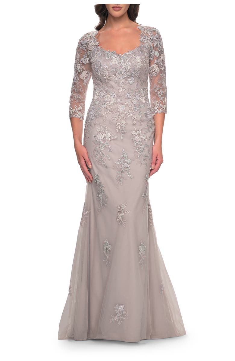 La Femme Mermaid Tulle and Lace Dress with Illusion Sleeves, Main, color, Dusty Lilac