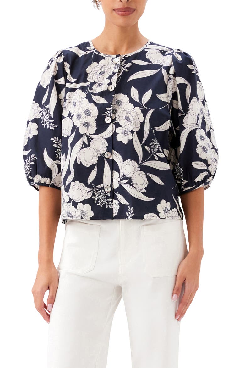 Floral Print Puff Sleeve Cotton Button-Up Shirt, Main, color, FLORAL PRINT