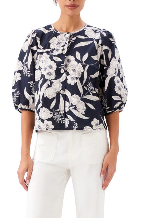 Floral Print Puff Sleeve Cotton Button-Up Shirt