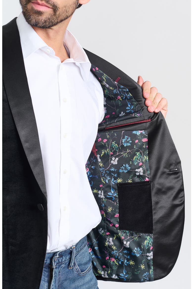 Black Satin Shawl Collar Slim Fit Velvet Jacket, Alternate, color, BLACK