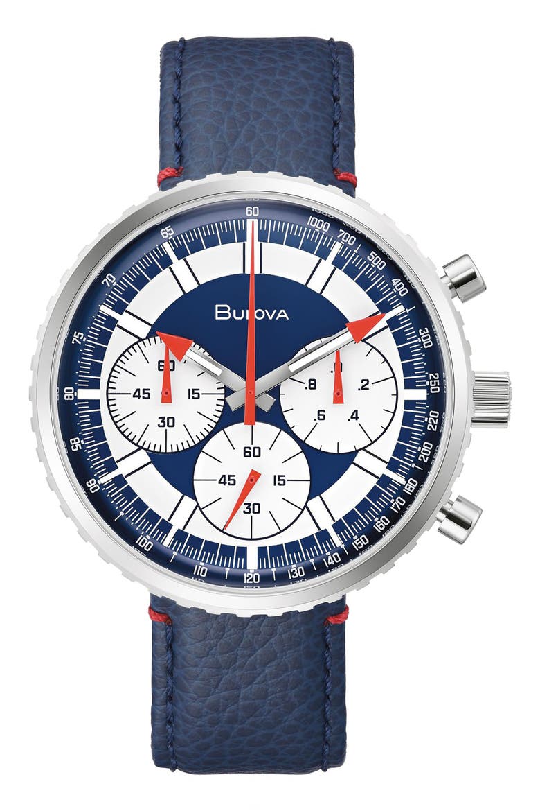 Archive Series Chronograph Leather Strap Watch, 46mm, Main, color, BLUE