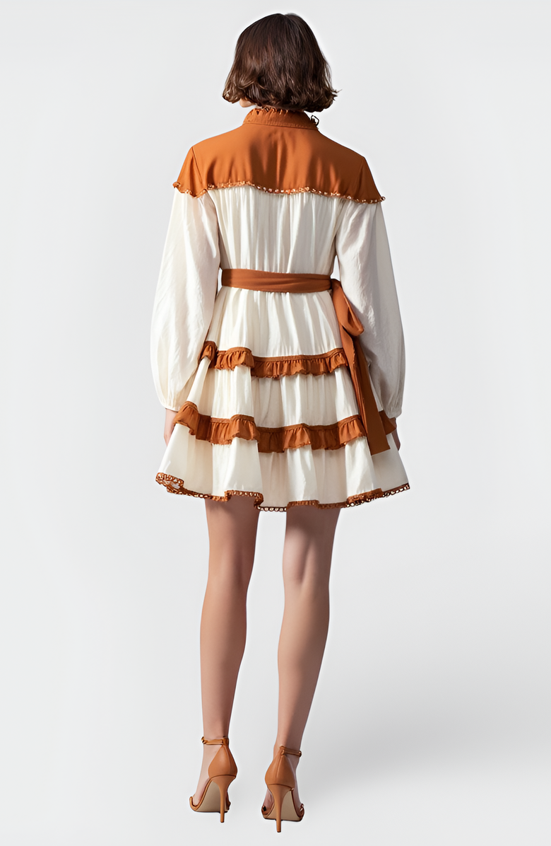 Modenaire Contrast Trim Mini Dress with Waist Tie and Tiered Skirt, Alternate, color, White / Brown