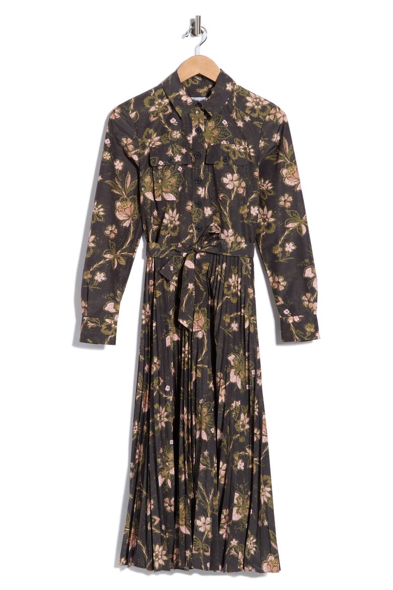 Kenza Pleated Long Sleeve Shirtdress, Main, color, BLACK FALL FOLIAGE
