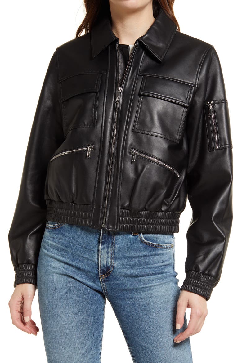 Leather Bomber Jacket, Main, color, BLACK