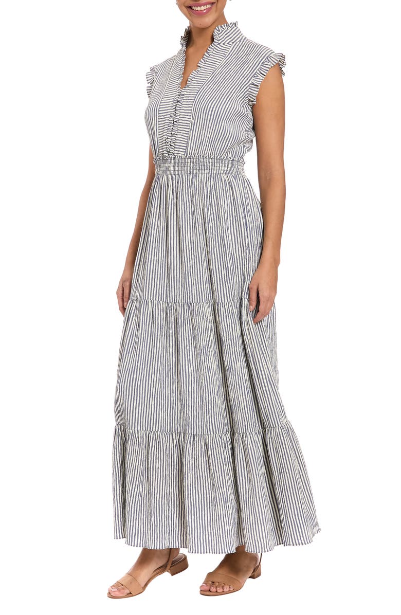 London Times Stripe Ruffle Sleeveless Tiered Maxi Dress, Alternate, color, Persian Jewel